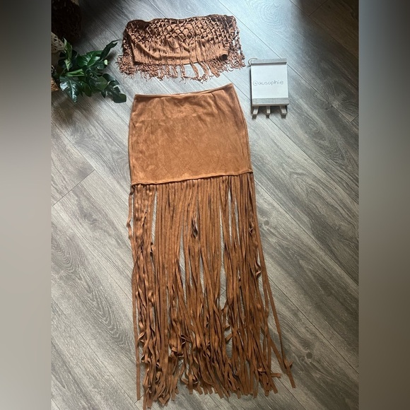 Bear Dance Dresses & Skirts - Bear Dance & HYFVE Cognac Fringe Skirt Wrap Top & Bandeau Top Rave Bundle Size L